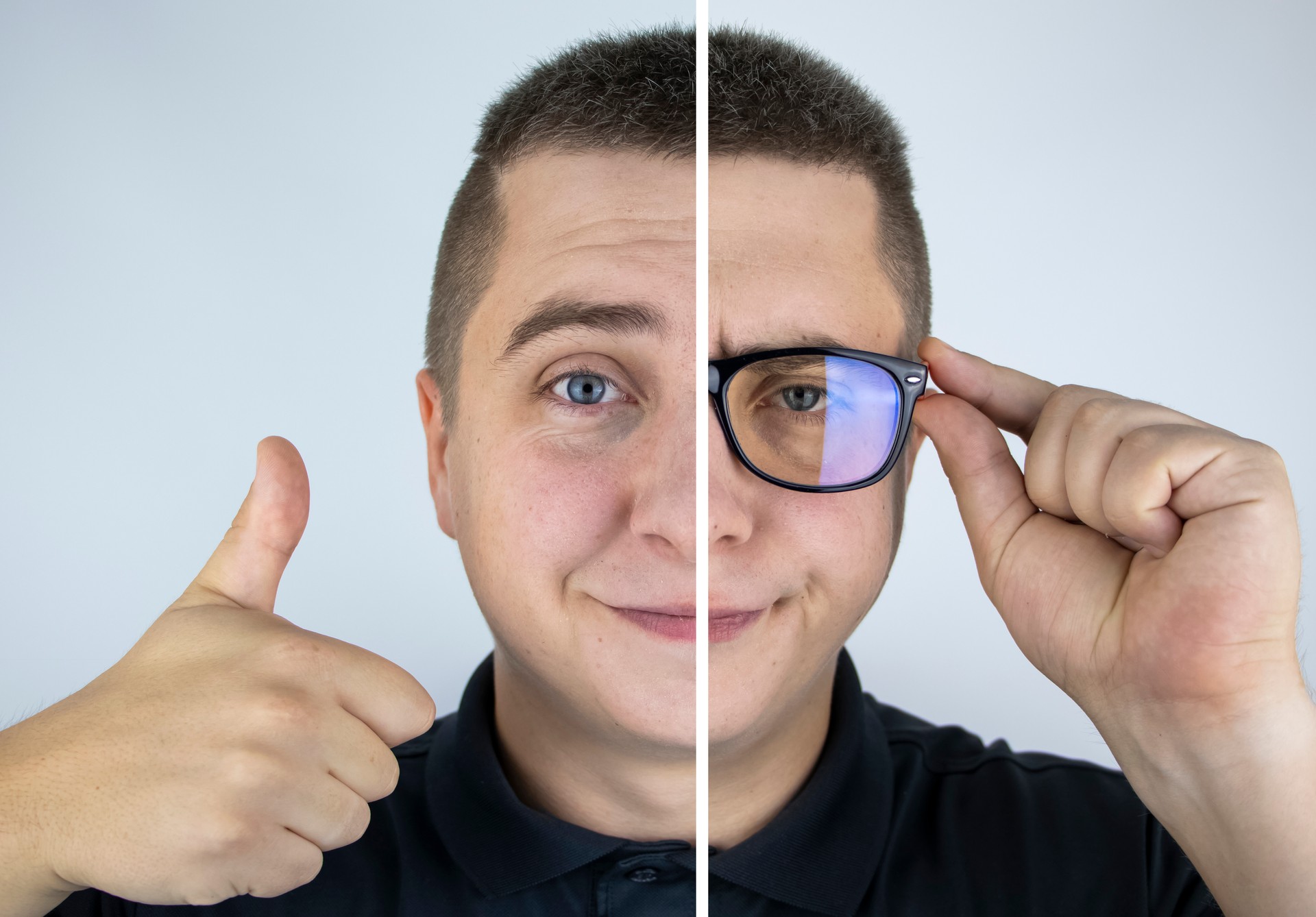 A man with glasses before and after. On one half, the face is happy without glasses, and on the other, a sad expression with glasses. Poor vision treatment concept, laser eye surgery, lens replacement